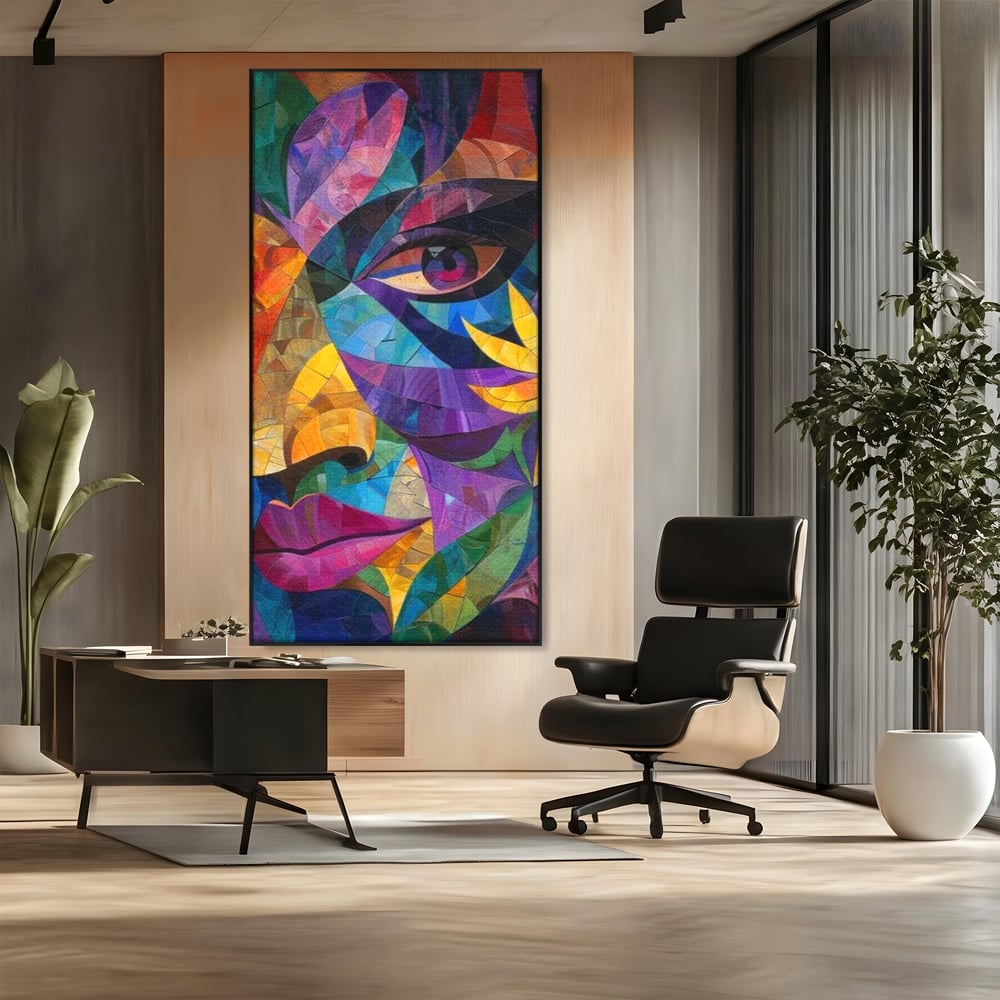 Tablou canvas cu tablou canvas cu chip de femeie in mozaic, in rama de aluminiu negru, pe perete intr-un birou